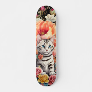 Colourful Wildflower & Kitten Pattern Skateboard 