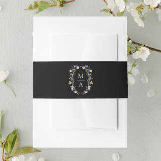 Colourful Wildflower Meadow Black Monogram Wedding Invitation Belly Band