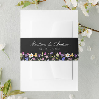Colourful Wildflower Meadow Black Wedding Invitation Belly Band