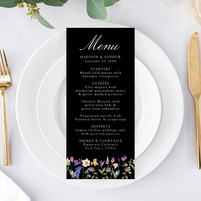 Colourful Wildflower Meadow Black Wedding Menu (Creator Uploaded)