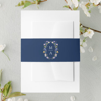 Colourful Wildflower Meadow Navy Monogram Wedding Invitation Belly Band