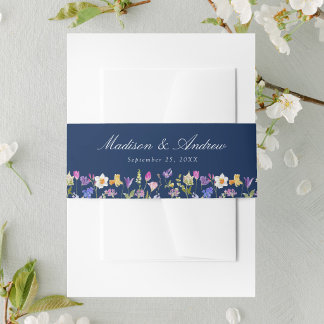 Colourful Wildflower Meadow Navy Wedding Invitation Belly Band