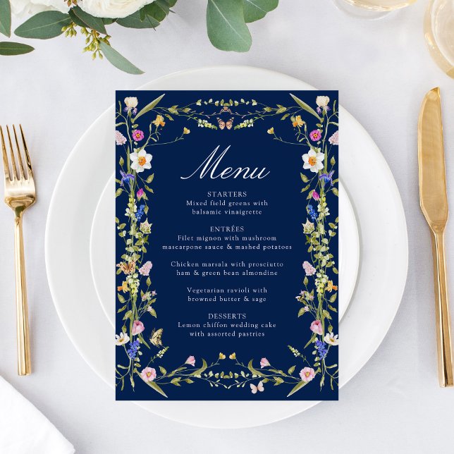Colourful Wildflower Meadow Navy Wedding Menu (Creator Uploaded)