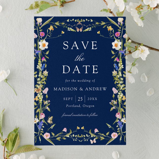 Colourful Wildflower Meadow Navy Wedding Save The Date (Creator Uploaded)