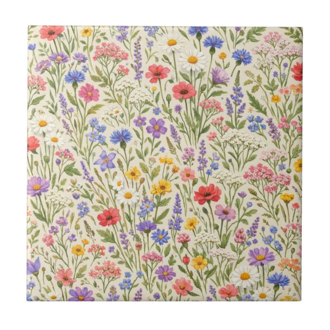 Colourful Wildflower Meadow Seamless Pattern Ceramic Tile (Front)