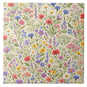 Colourful Wildflower Meadow Seamless Pattern Ceramic Tile