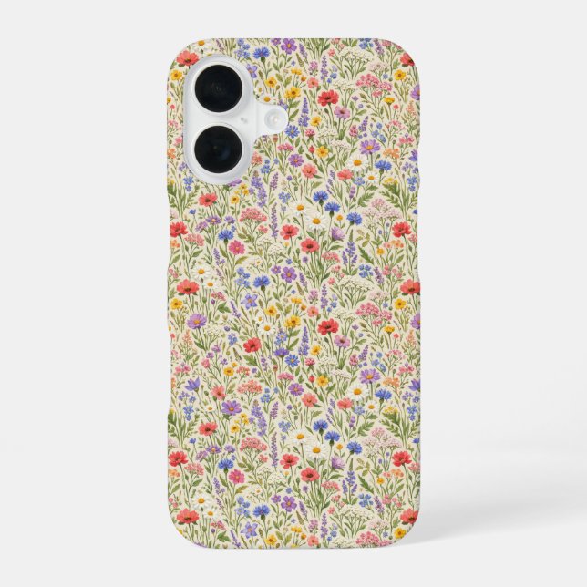 Colourful Wildflower Meadow Seamless Pattern iPhone 16 Case (Back)