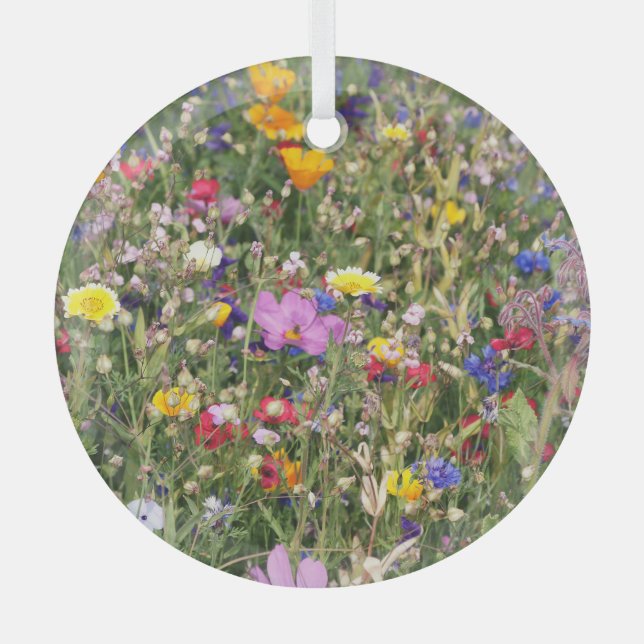 Colourful wildflower meadow, vibrant pattern. glass tree decoration (Front)