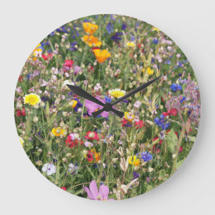 Colourful wildflower meadow, vibrant pattern. large clock