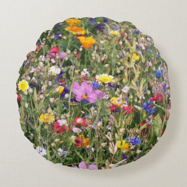 Colourful wildflower meadow, vibrant pattern. round cushion (Front)
