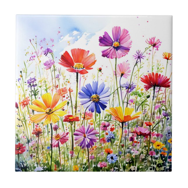 Colourful Wildflower Meadow Watercolor Ceramic Tile (Front)