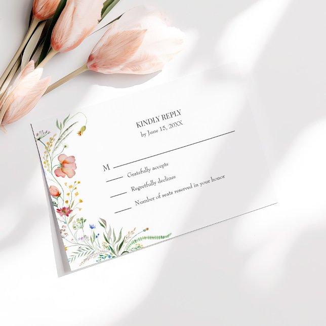 Colourful Wildflower Meadow Wedding RSVP Card (Colorful Wildflower Meadow Wedding RSVP Card on a white table with tulips)