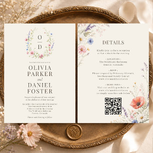 Colourful Wildflower Monogram QR Code Boho Wedding Invitation