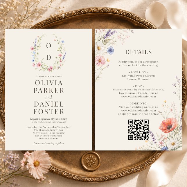 Colourful Wildflower Monogram QR Code Boho Wedding Invitation (Creator Uploaded)