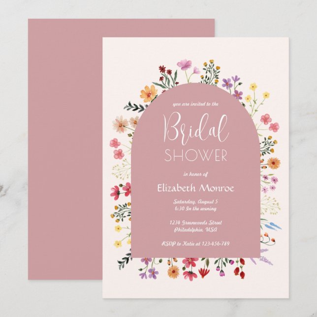 Colourful Wildflower Pastel Pink Arch Bridal Showe Invitation (Front/Back)