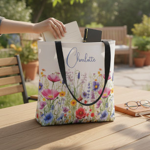 Colourful Wildflower Personalised Name Tote Bag
