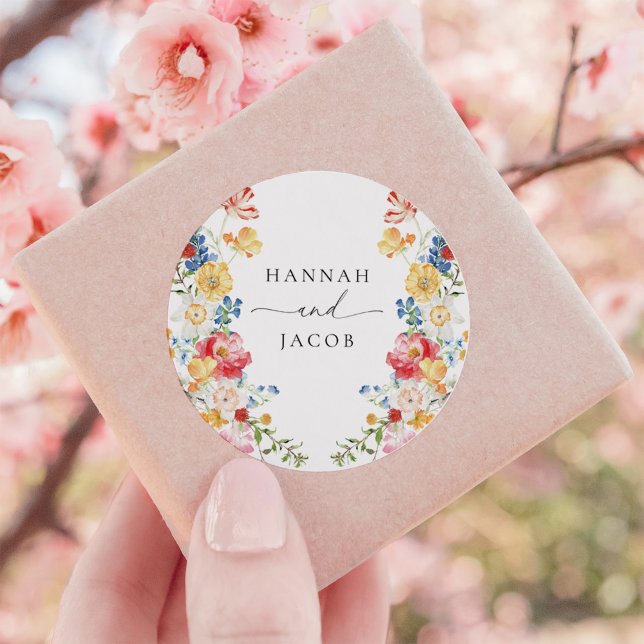 Colourful Wildflower Personalised Wedding Favour Classic Round Sticker (Creator Uploaded)