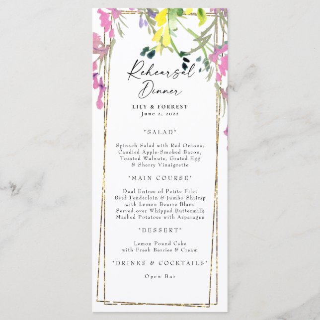 Colourful Wildflower Rehearsal Dinner Menu  (Front)