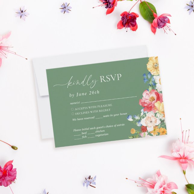 Colourful Wildflower Sage Green Wedding RSVP Card (Creator Uploaded)