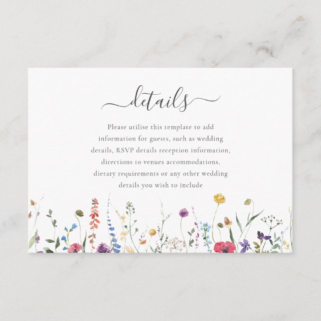 Colourful Wildflower Spring Summer Wedding Details Enclosure Card (Front)