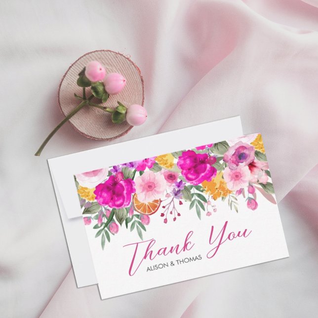 Colourful Wildflower Spring Thank You Card (watercolor flowers in shades of pink and white in rustic garden greenery. #springbloomflowers)