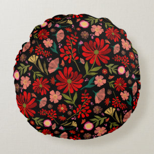 Colourful Wildflower Summer Floral Black Round Cushion