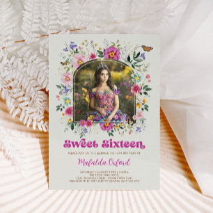 Colourful Wildflower Sweet 16 Birthday Photo Invitation