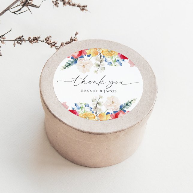 Colourful Wildflower Thank You Wedding Favour Classic Round Sticker (Creator Uploaded)