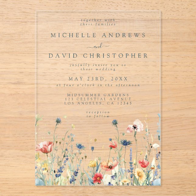 Colourful Wildflower Wedding Acrylic Invitations (Front)