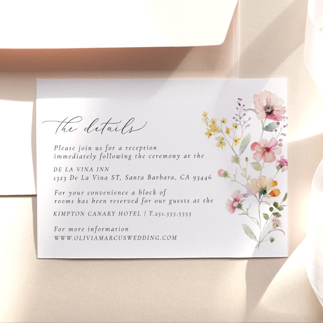 Colourful Wildflower Wedding Details Enclosure Car Card (Wildflower meadow wedding details card with soft floral illustration and elegant calligraphy)