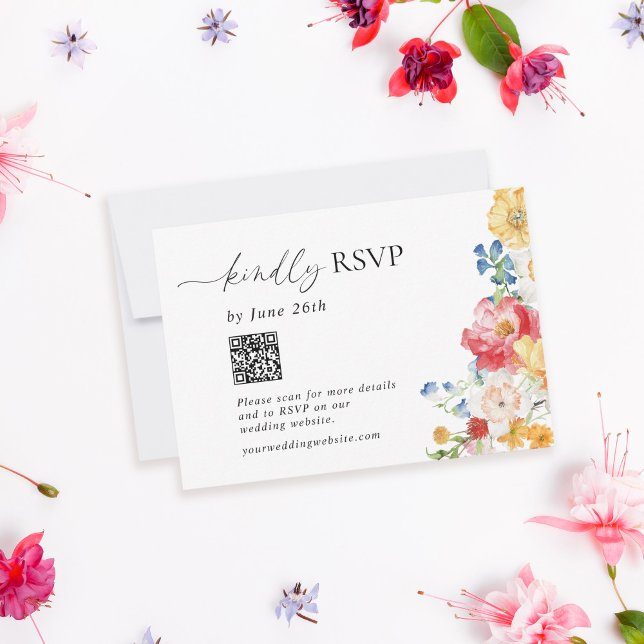 Colourful Wildflower Wedding QR Code RSVP Card (Creator Uploaded)