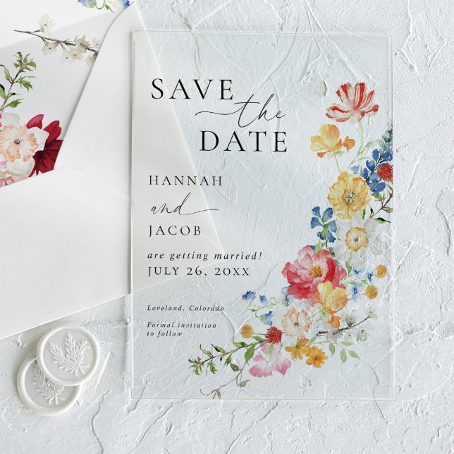 Colourful Wildflower Wedding Save The Date Acrylic Invitations (Creator Uploaded)
