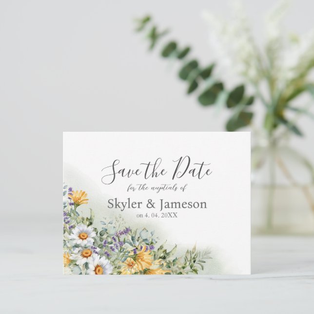 Colourful Wildflower Wedding Save the Date Postcard (Standing Front)