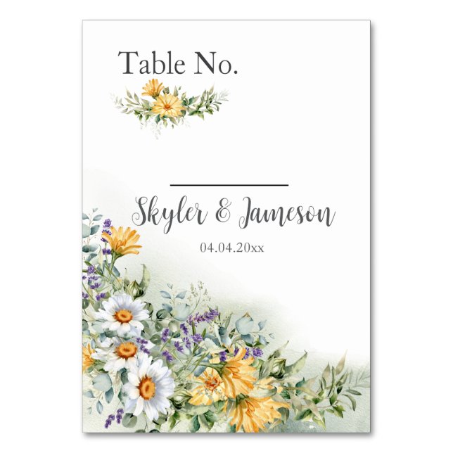 Colourful Wildflower Wedding Table Number (Front)