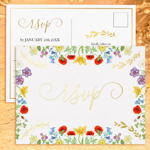 Colourful Wildflower White and Gold Wedding RSVP Foil Holiday Postcard