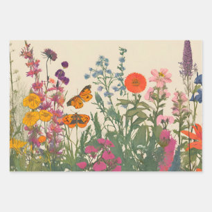 Colourful Wildflowers and Butterflies Wrapping Paper Sheet