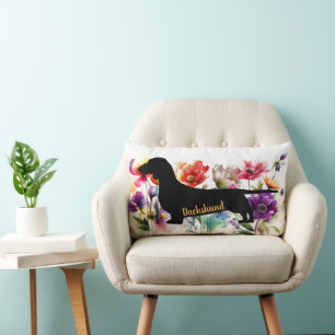 Colourful Wildflowers and Dachsund Silhouette  Lumbar Cushion