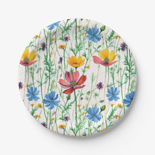 Colourful Wildflowers and Green Grass Paper Plate