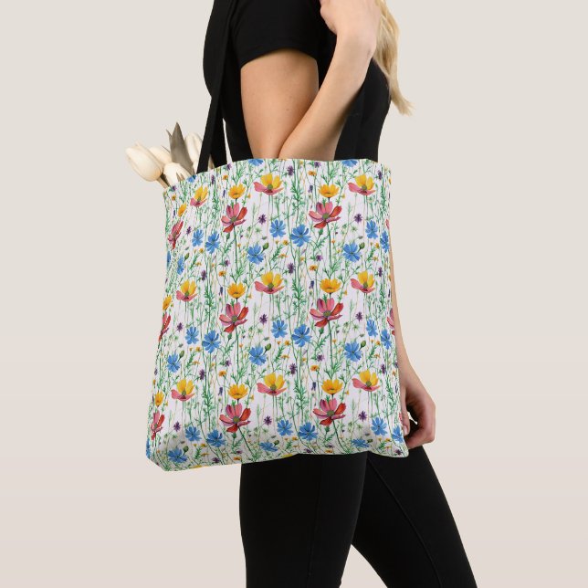 Colourful Wildflowers and Green Grass Tote Bag (Close Up)