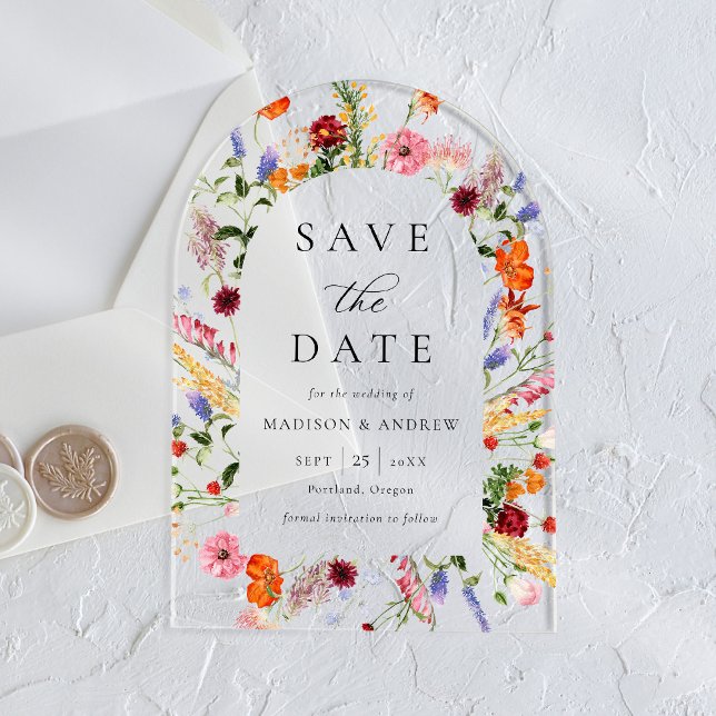 Colourful Wildflowers Arch Wedding Save the Date Acrylic Invitations (Creator Uploaded)