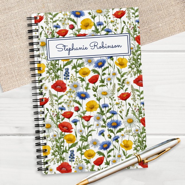 Colourful Wildflowers Beautiful Floral Personalise Notebook (A pretty notebook with colorful wildflowers pattern, personalized with a name in script typography)
