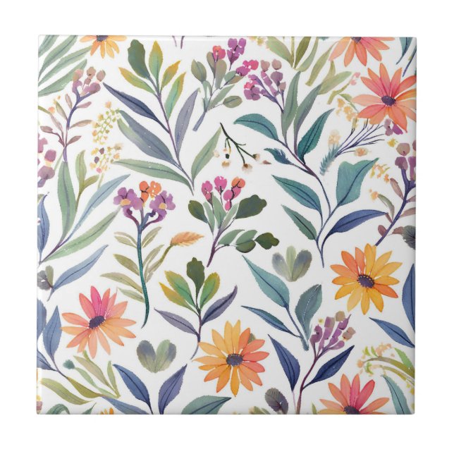 Colourful Wildflowers | Beautiful Floral Watercolo Ceramic Tile (Front)