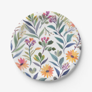 Colourful Wildflowers   Beautiful Floral Watercolo Paper Plate