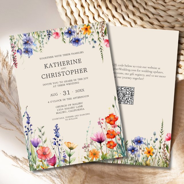 Colourful Wildflowers Beige Elegant Wedding Invitation (Colorful Wildflowers Beige Elegant Wedding Invitation with jewel tone flowers in purple, red, orange)