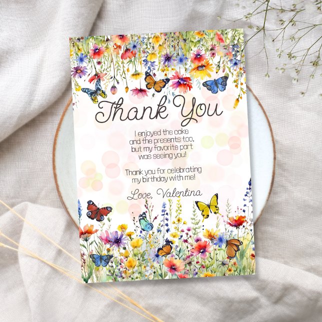 Colourful Wildflowers & Butterflies Birthday Party Thank You Card (Creator Uploaded)