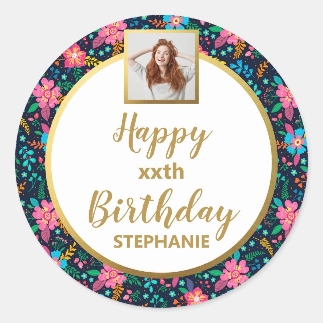 Colourful Wildflowers, Custom Photo, Happy Birthda Classic Round Sticker (Front)