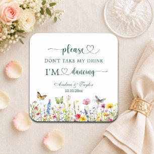 Colourful Wildflowers Don't Take My Drink Square Paper Coaster