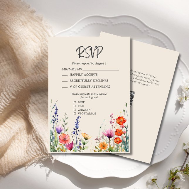 Colourful Wildflowers Elegant Beige Wedding RSVP Card (Colorful Wildflower RSVP Card  with Menu Selections, QR Code, Purple, Orange, Red Jewel Tone Flowers)