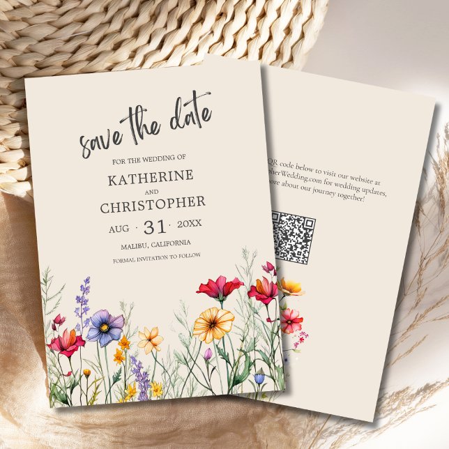 Colourful Wildflowers Elegant Beige Wedding Save The Date (Colorful Wildflowers Elegant Wedding Save the Date with purple, yellow, red flowers, QR code.)