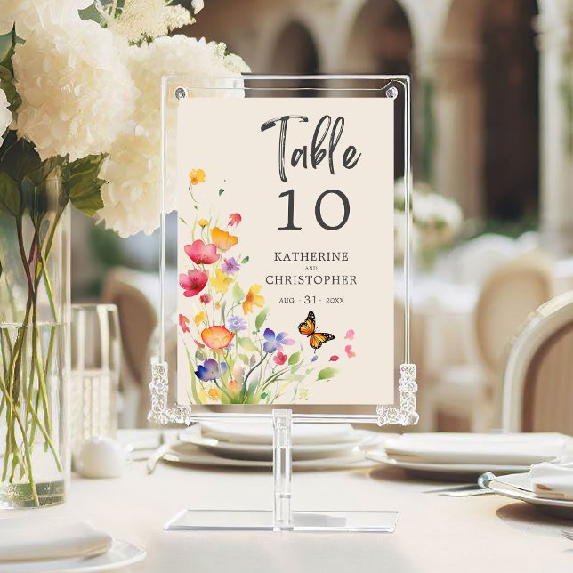 Colourful Wildflowers Elegant Beige Wedding Table Number (Colorful Wildflowers Wedding Reception Table Number with purple, orange, red, yellow flowers.)